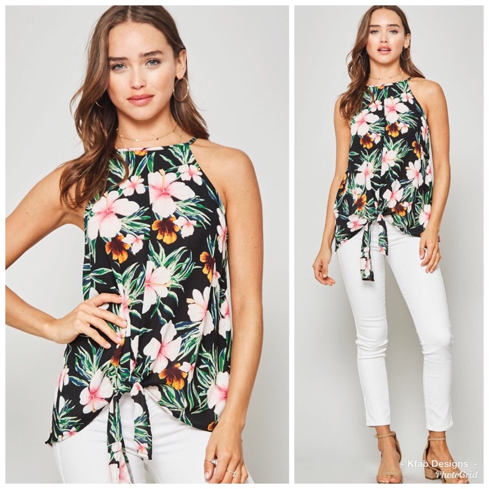 💐LAST 1! Tropical Floral Print Hem Tie Top-3left - Picture 1 of 6